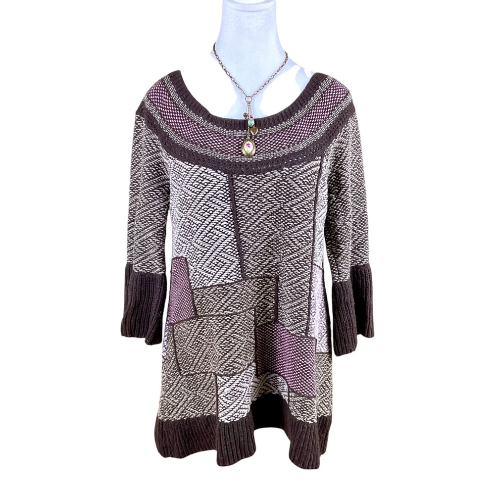 Free People Patchwork Sweater Brown Pink Fair Isle  (S)